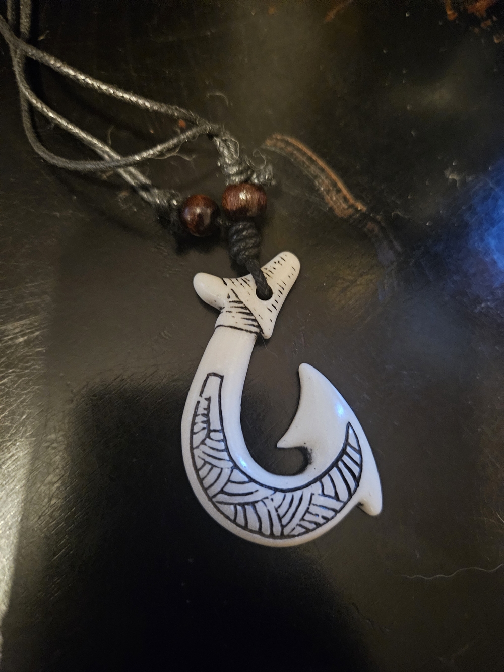Hand-Carved Fish Hook Pendant Necklace - White with Black Detailing